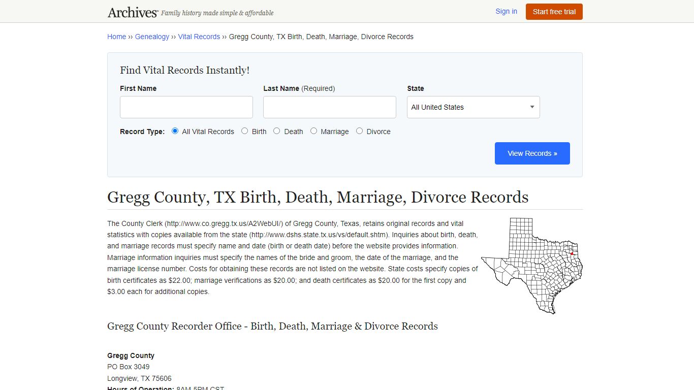 Gregg County, TX Birth, Death, Marriage, Divorce Records - Archives.com