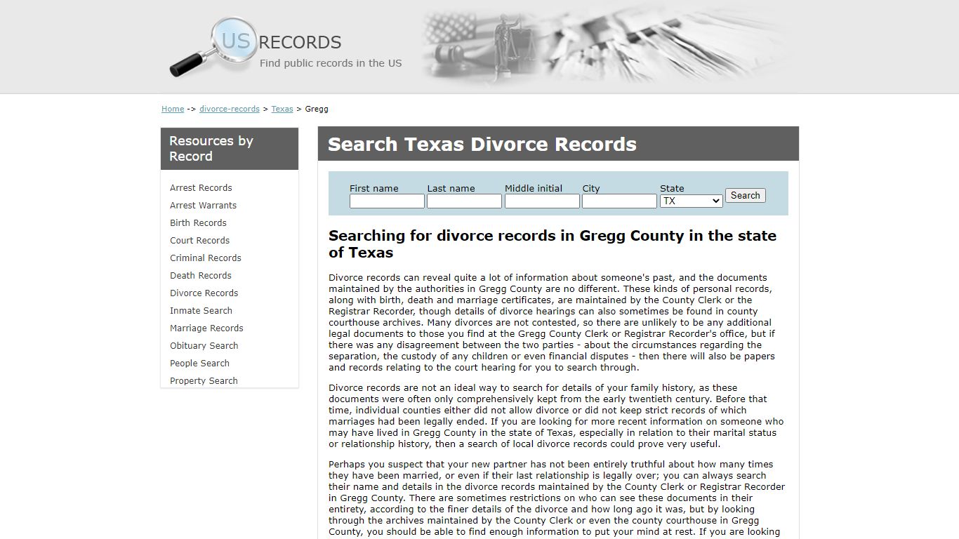 Search Divorce Records Gregg Texas | US Records